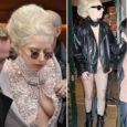 Lady Gaga in giro con un body di pizzo color carne, calze a rete e giacca nera in PVC...